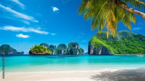 Tropical Beach with Clear Water and Mountain View in Phi Phi Don Island, Thailand © Muslim