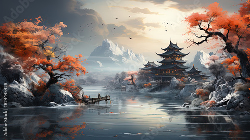 Asian Traditional Beautiful Mountain And River With A Small Cabins Scenery Landscape Oil Painting Background photo