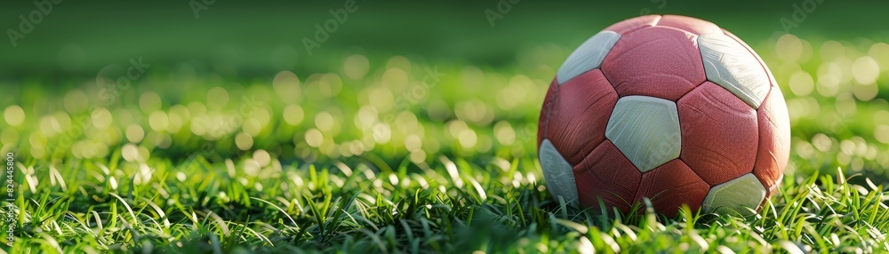 A realistic 3D football with textured leather rests on a solitary grassy green backdrop A realistic 3D football with textured leather rests on a solitary grassy green backdrop
