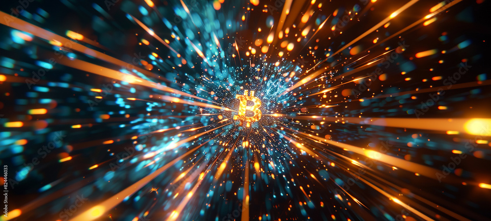 Background of moving glowing lights and crypto coin Background of moving glowing lights and crypto coin