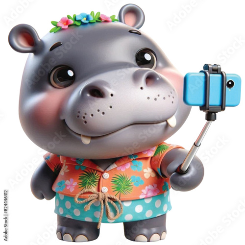 A cute hippo wearing a Hawaiian outfit and holding a selfie stick walking around taking pictures.