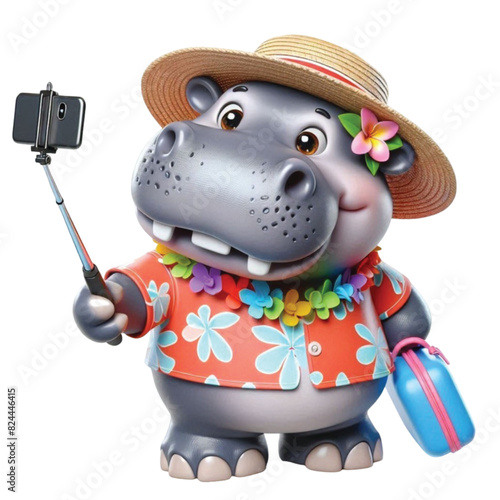 A cute hippo wearing a Hawaiian outfit and holding a selfie stick walking around taking pictures.