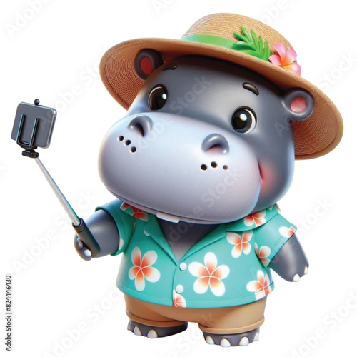 A cute hippo wearing a Hawaiian outfit and holding a selfie stick walking around taking pictures.