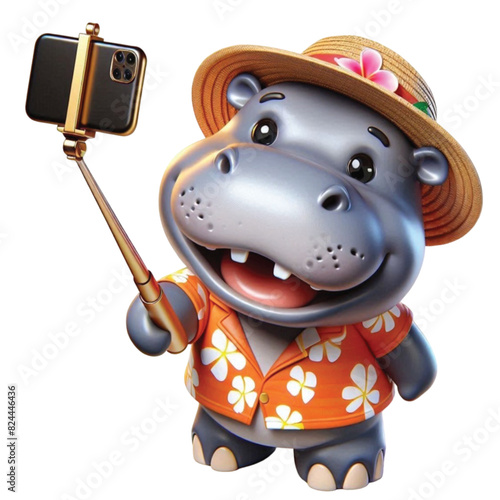 A cute hippo wearing a Hawaiian outfit and holding a selfie stick walking around taking pictures.