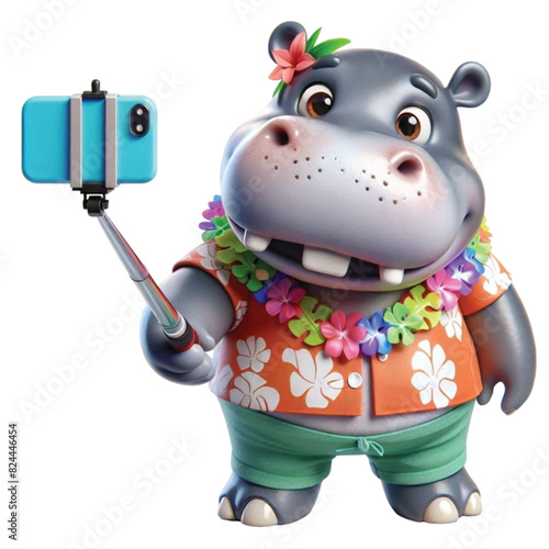 A cute hippo wearing a Hawaiian outfit and holding a selfie stick walking around taking pictures.