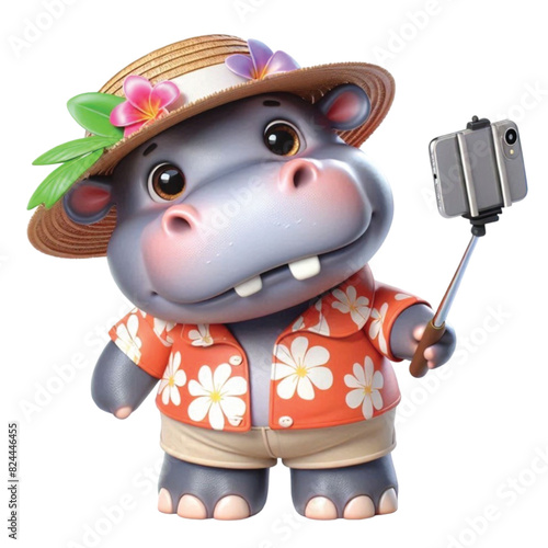A cute hippo wearing a Hawaiian outfit and holding a selfie stick walking around taking pictures.