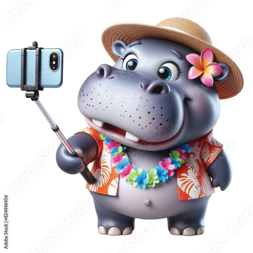 A cute hippo wearing a Hawaiian outfit and holding a selfie stick walking around taking pictures.
