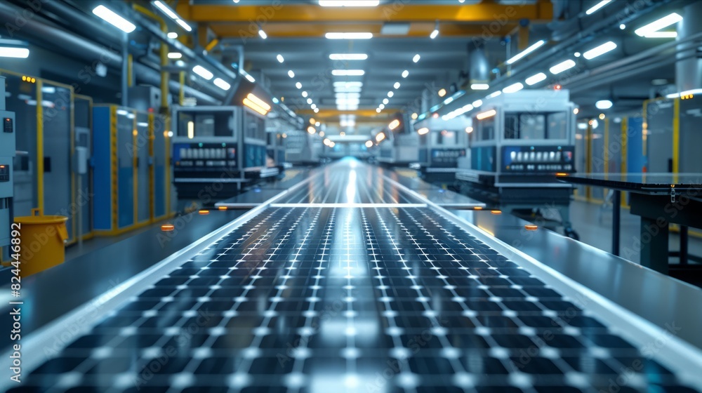 Fototapeta premium High-tech factory conveyor system assembling solar panels