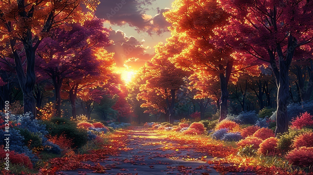 Nature Background, Autumn Path Through a Forest: A quiet path through an autumn forest, with the trees in vibrant colors and the sun setting in the background. Illustration image,