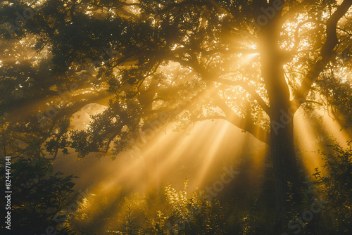 Sunbeams piercing through mist in a lush forest at dawn  creating a tranquil and mystical atmosphere