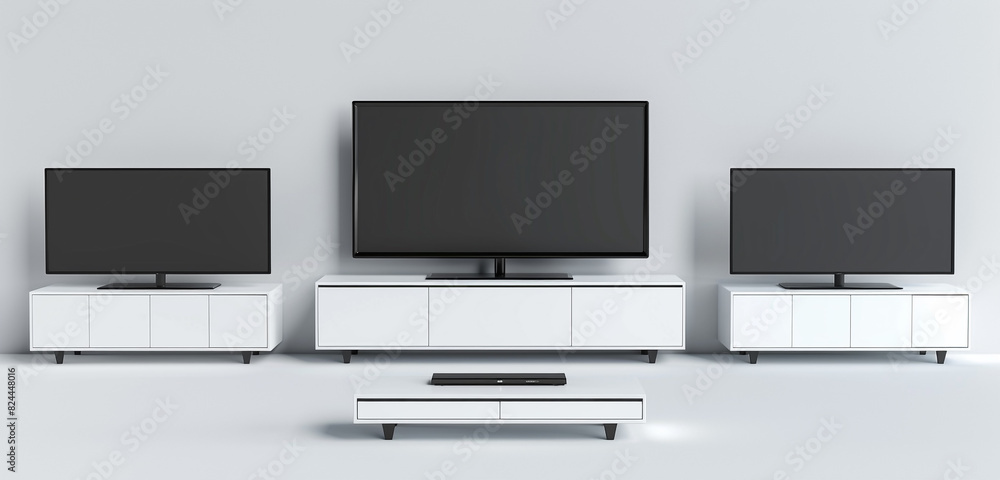 Sleek, blank modern TV stand in multiple camera angles, 3D rendered mockup. High-definition image. Sleek, blank modern TV stand in multiple camera angles, 3D rendered mockup. High-definition image.