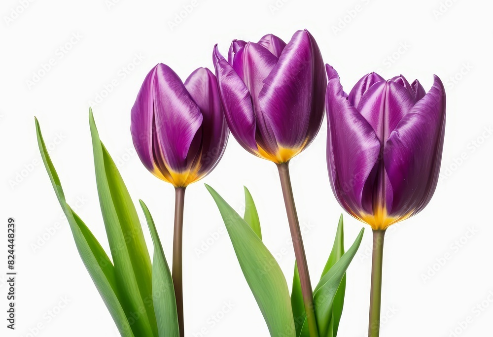 three purple tulips with green leaves on a white background three purple tulips with green leaves on a white background