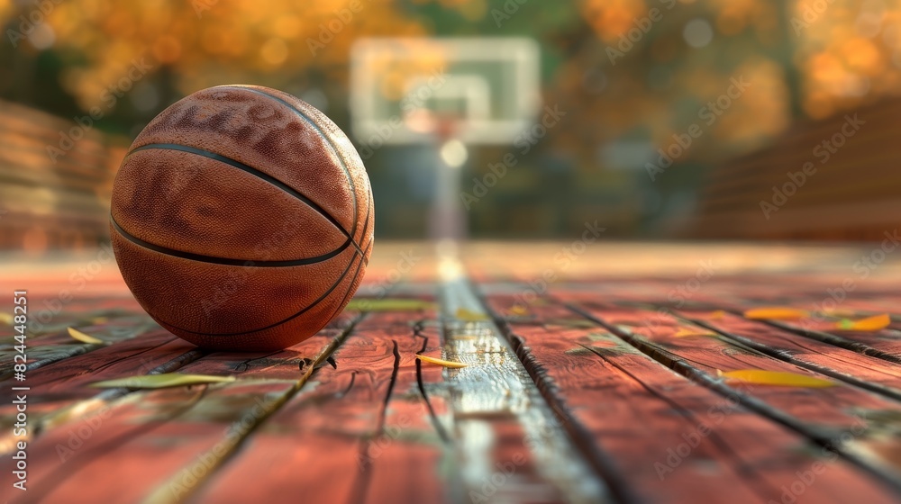 A basketball with an orange texture is rendered in 3D on a wood background of an isolated court A basketball with an orange texture is rendered in 3D on a wood background of an isolated court