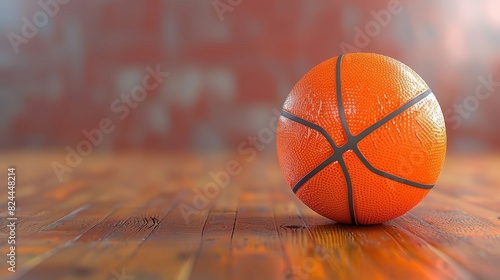 A 3D-rendered basketball with an orange texture stands out on an isolated court wood background © Fokasu Art