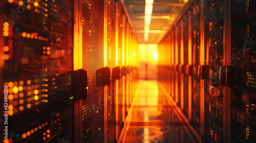 A server room bathed in the warm light of sunset streaming through a window.