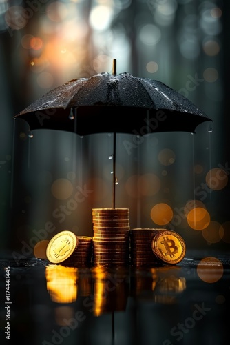 Bitcoin stack under black umbrella symbolizing cryptocurrency protection amidst rainy backdrop. Finance, digital currency, and investment concept.