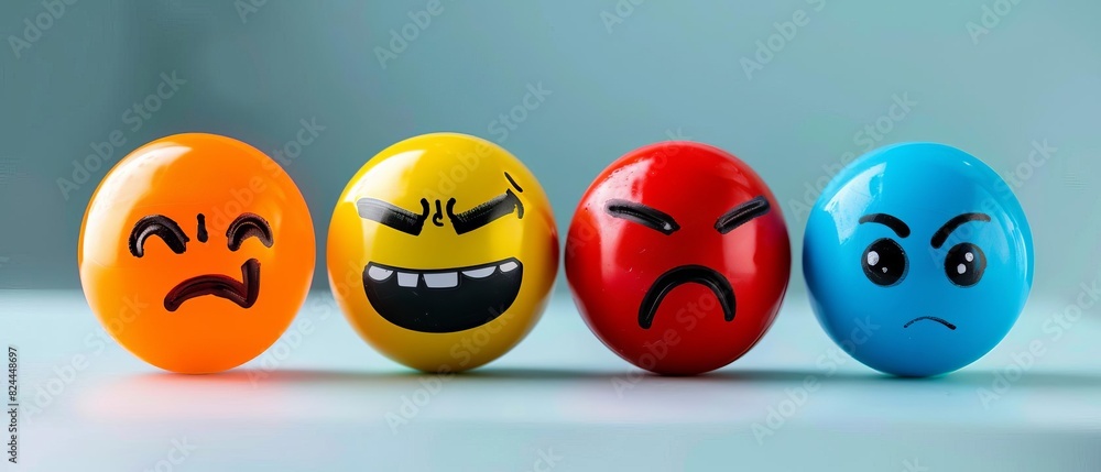 Fototapeta premium Colorful emoticons expressing different emotions of anger, happiness, sadness, and surprise lined up on a smooth surface.