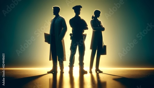 Silhouettes of a doctor, police officer, and business person standing together, highlighting different professions and teamwork. photo