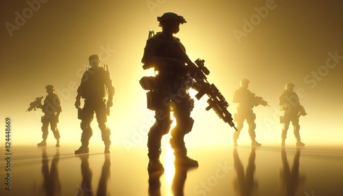 Silhouettes of armed soldiers in tactical gear, standing in formation with a striking backlight that emphasizes their figures and equipment. photo