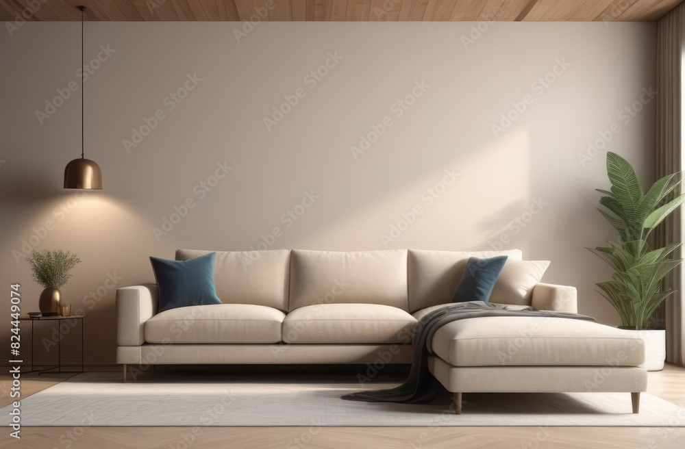 Minimalist interior style in beige shades of the living room with a corner sofa and flower pots on the edges near the window.  Interior in pastel colors, template for photo