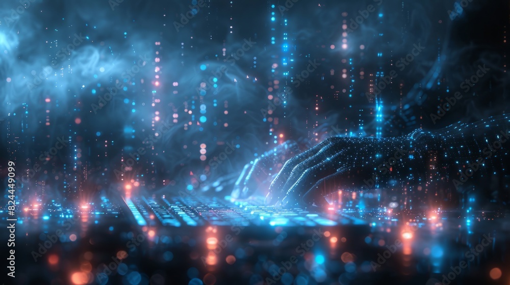Futuristic digital scene with holographic hands typing on a glowing keyboard surrounded by abstract technology elements in a dark setting. Futuristic digital scene with holographic hands typing on a glowing keyboard surrounded by abstract technology elements in a dark setting.