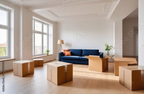 Moving to a new place, cardboard boxes. A room with a blue sofa, a large window, interior