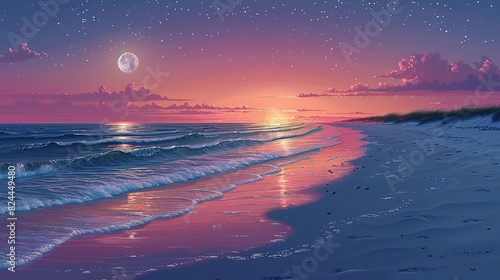 Nature Background, Beach at Dusk with Moon and Stars: A tranquil beach at dusk with the ocean waves gently lapping at the shore, the sky transitioning from pink and orange hues to dark blue, © DARIKA