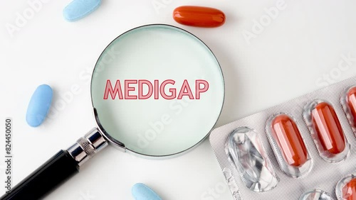 Animation of the word MEDIGAP through a magnifying glass composition with lying tablets. Concepts of medicine and healthcare photo