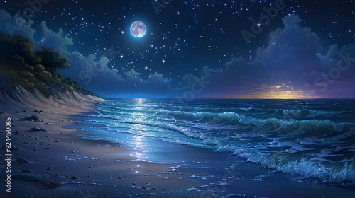 Nature Background, Moon and Stars Over a Quiet Beach: A peaceful beach at night, with the ocean waves shimmering under the moonlight and stars filling the sky. Illustration image, © DARIKA
