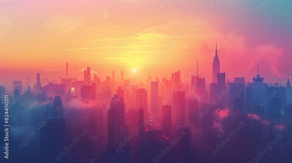 Obraz premium sunrise cityscape, vibrant skyline, early morning light , Ideogram