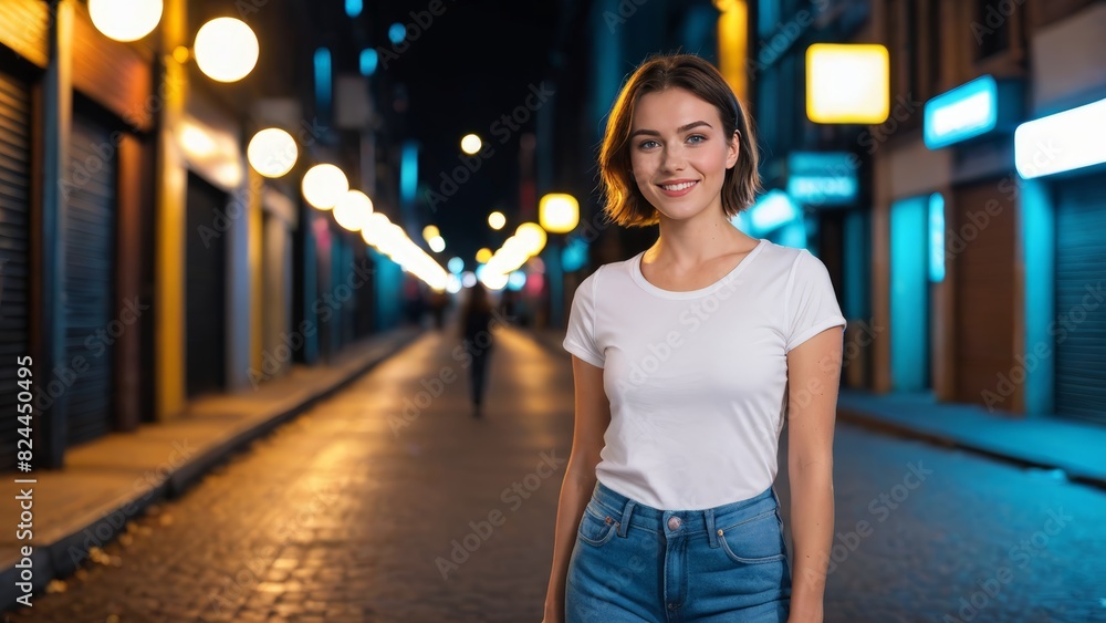 Fototapeta premium Young woman with short hair wearing white t-shirt and blue jeans standing in a city alley at night
