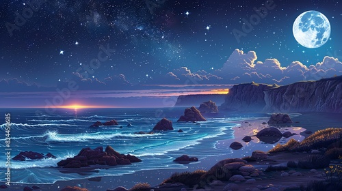 Nature Background, Moon and Stars Over a Quiet Beach: A peaceful beach at night, with the ocean waves shimmering under the moonlight and stars filling the sky. Illustration image,