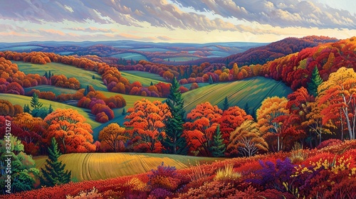 vibrant autumn landscape, rolling hills, crisp air , vibrant color