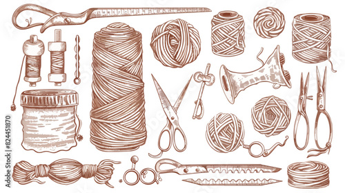 Knitting and sewing accessories. Hand drawn contour illustration