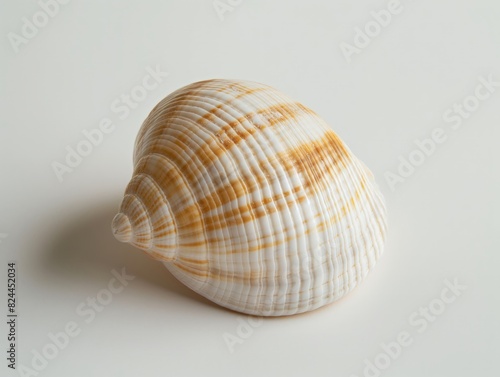 Detailed image of a striped seashell with orange and white patterns, isolated on a white background.