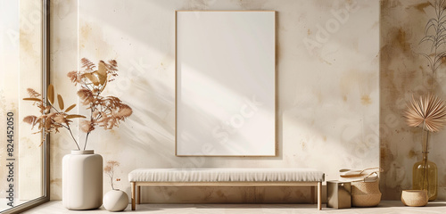 Blank white wall mockup in gallery with champagne beige details, modern gallery concept,