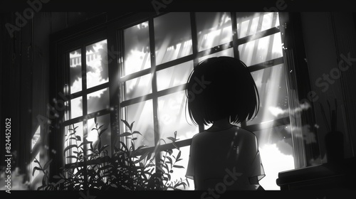 As sunlight filters through the glass, casting patterns of warmth and shadow across the room, the girl's thoughts drift like clouds on a lazy summer day.