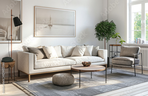 Modern living room white walls, white sofa set, wooden floor, plants. Created with Ai