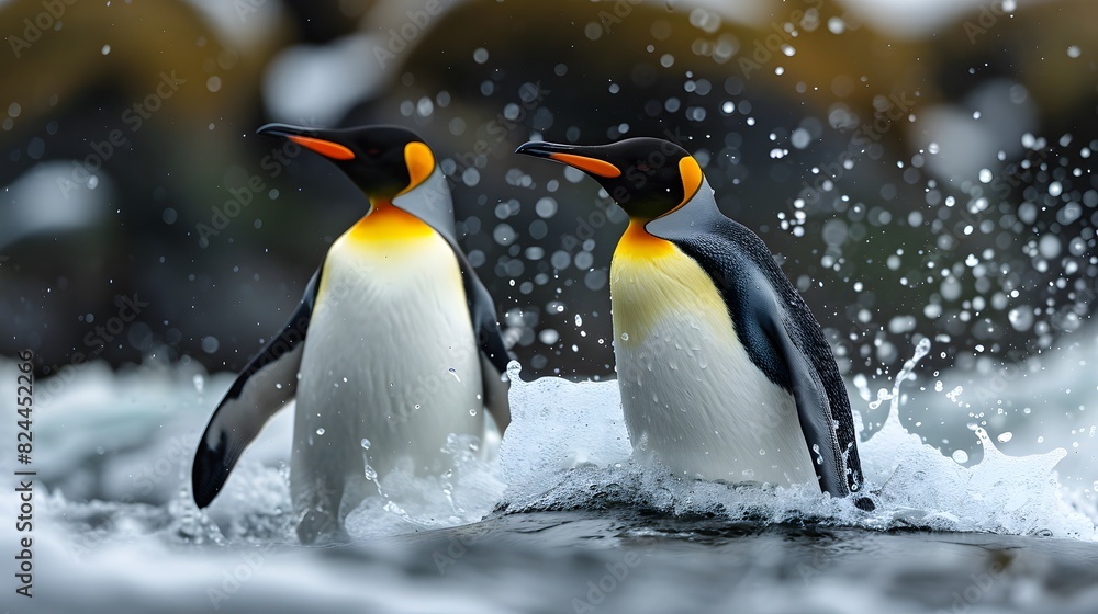 Fototapeta premium Adorable penguins playing joyfully in the sea water, showcasing their playful nature and cute antics.