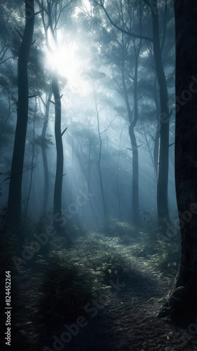 Mysterious Forest Shrouded In Fog With Ethereal Light And Enigmatic Atmosphere Ai Generated