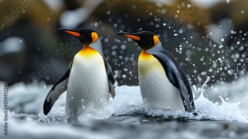 Adorable penguins playing joyfully in the sea water  showcasing their playful nature and cute antics.