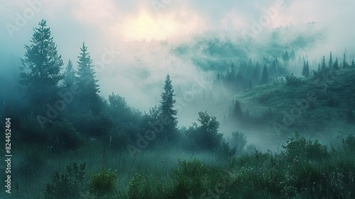 foggy hillside, early morning, mysterious vibe , high resolution photo