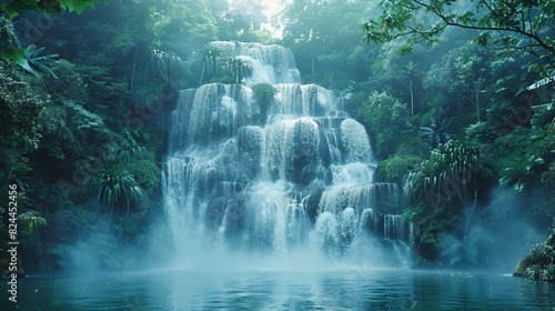 majestic waterfall in lush forest, misty spray , Stable Diffusion