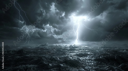 dramatic thunderstorm, lightning strike, high contrast , 3D render photo