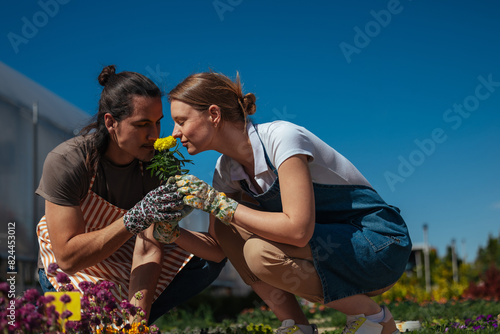 Two gardeners tending to plants with care