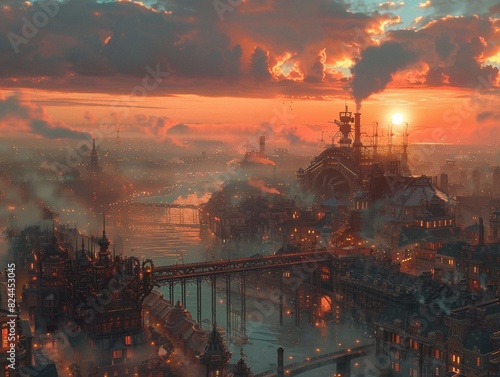 Sunset over a steampunk city, steam clouds, wide lens, soft light, vibrant colors , hyper detailed