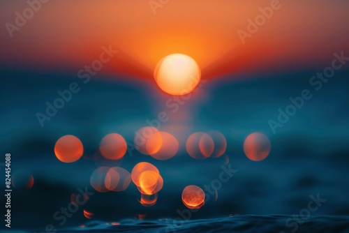 Out of focus sun setting over the ocean glowing orange with dark blue background - generative ai