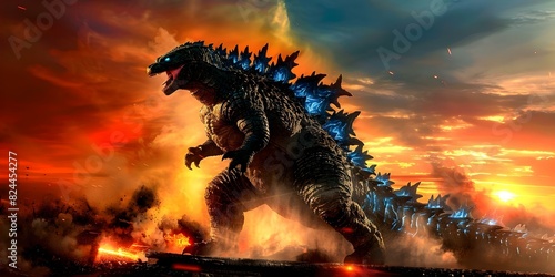 Godzilla Roaring While Strolling at Sunset. Concept Monster Photography  Creative Sunset Shots  Fictional Characters  Dramatic Landscapes  Fantasy Creatures