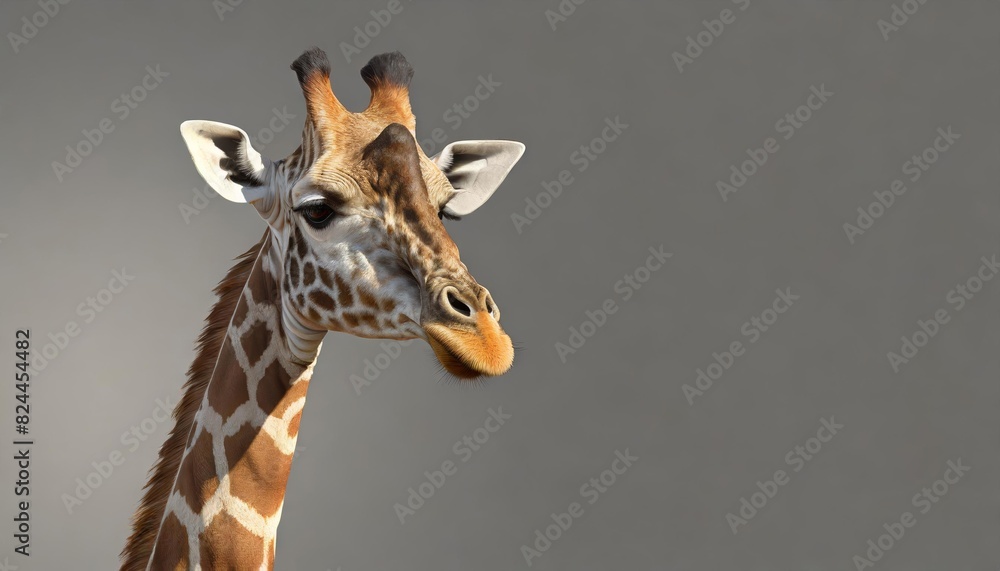 Fototapeta premium Portrait of giraffe on grey background. Concept of safari, Africa, wildlife.