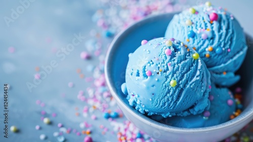 Selection of various bright multicolored ice-cream in ice cream cones - chocolate vanilla blueberry strawberry pistachio orange, on light blue sunny background, copy space